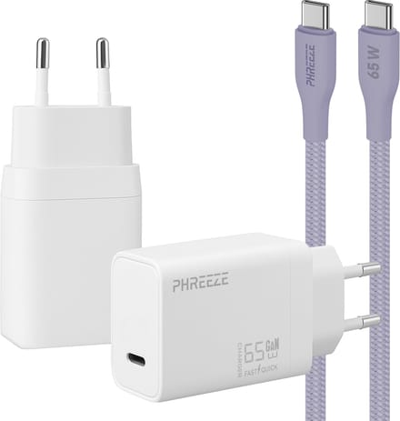 Phreeze usb C oplader 65w met usb C naar usb C kabel paars - Power adapter - PPS fast charger voor telefoon en laptop