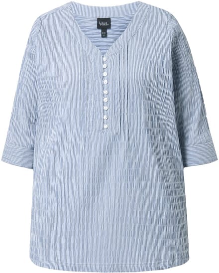Ulla Popken - Dames - Tuniek strepen biesjes bubble-structuur 3/4-mouwen - Marine - Maat 62+