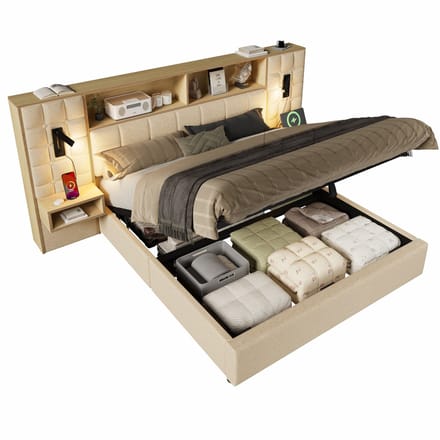 REDOM - Bedframe Met Opbergruimte En Verlichting - Vintage - Linnen - Beige - 160 X 200 Cm