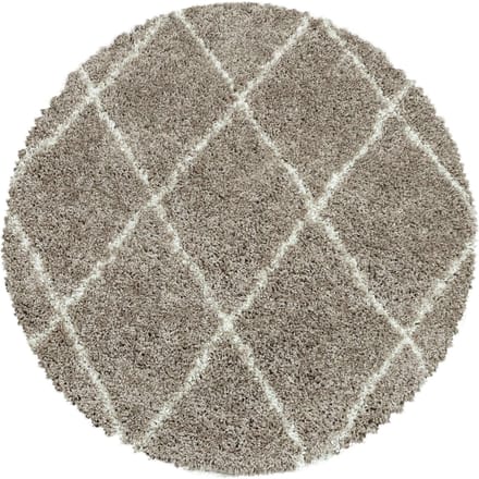Hoogpolig vloerkleed met geometrisch patroon, beige kleur, geschikt voor de woonkamer, met jute achterkant, rond formaat: 200 cm