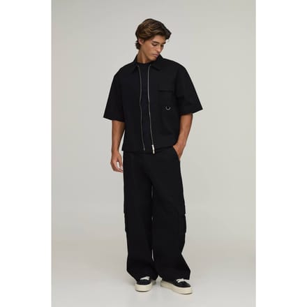 Oversized Overshirt Met Korte Mouwen & Wijde Cargo Broek Set | Black | Size Medium