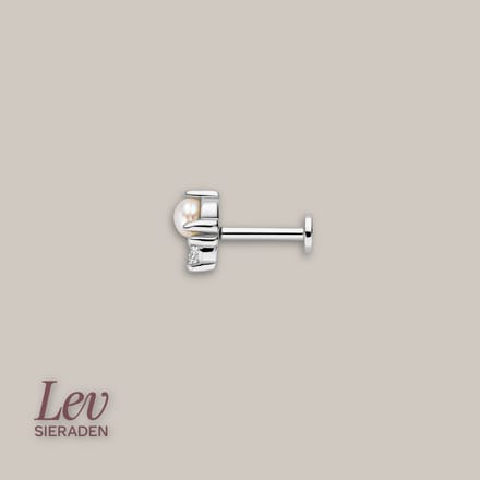Lev Sieraden - Zilver labret piercing met parel en zirkonia - lip piercing - tragus piercing - Oor piercing
