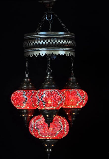 Turkse hanglamp - mozaïek glas rood - 4 bollen - hoogte 80 cm