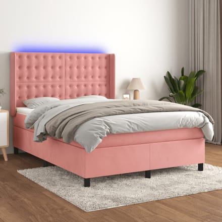 vidaXL - Boxspring - met - matras - en - LED - fluweel - roze - 140x200 - cm
