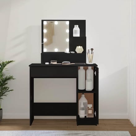 Kaptafel met LED Spiegel en Opbergruimte - Kaptafelset Zwart