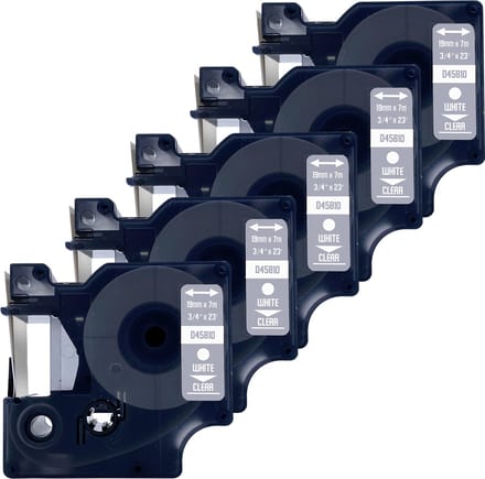 DULA Dymo D1 45810 - S0720900 - Compatible label tape - 5 lettertapes - Wit op transparant - 19mm x 7m