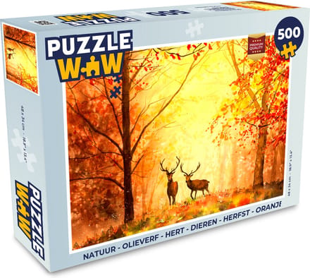 Puzzel Natuur - Olieverf - Hert - Dieren - Herfst - Oranje - Legpuzzel - Puzzel 500 stukjes