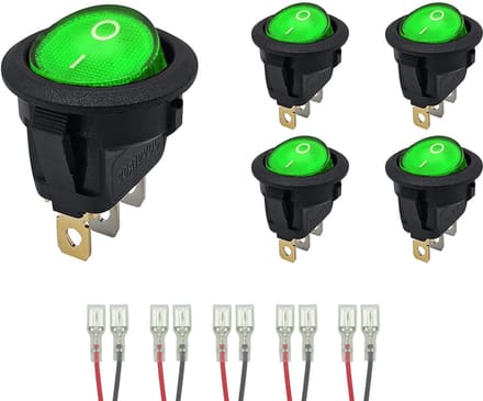 ProRide Wipschakelaar ON-OFF KCD2-12 - met Aansluitkabels - 3-pins - Rond - 12V/20A - Groen - 5 stuks