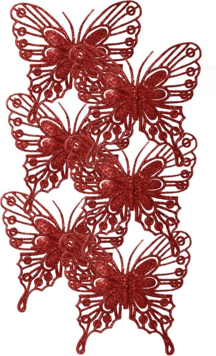 Decoris kerstboom decoratie vlinders op clip - 6x - rood - 13 cm