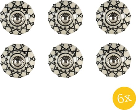Clayre & Eef Deurknop set van 6 stuks 4x6 cm Wit Zwart Keramiek Rond Meubelknop