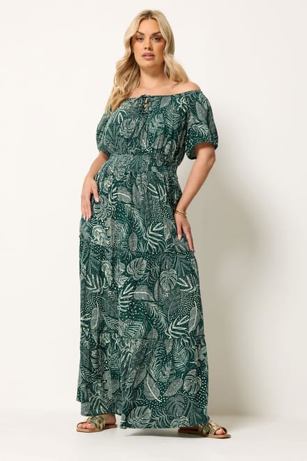 Yours Groene Bardotmaxijurk Met Bladprint En Striksluiting Size 42