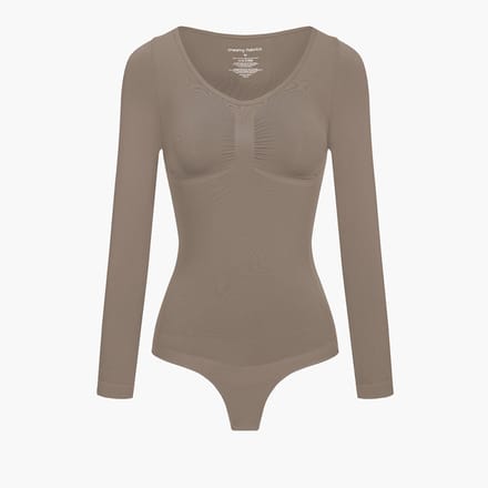 cfab - Bodysuit met corrigerende werking, lange mouwen en koord - Taupe - M