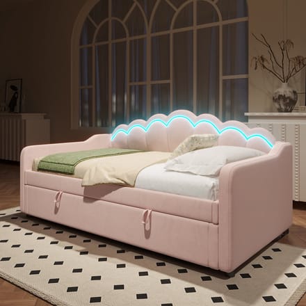 REDOM bedframe 90x200 cm – Fluweel roze – Golvend hoofdeinde, hydraulische opbergruimte, LED