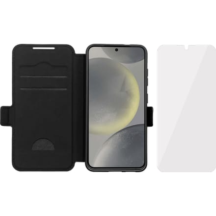 BlueBuilt Samsung Galaxy S25 Book Case Leer Zwart + BlueBuilt Screenprotector Glas
