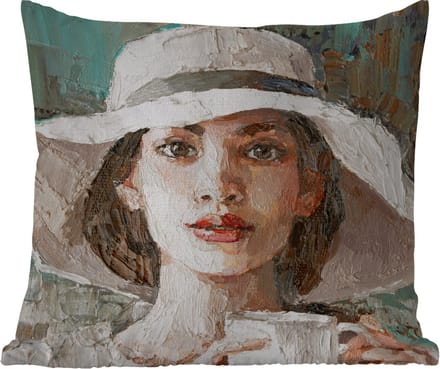 Tuinkussen - Schilderij - Olieverf - Vrouw - Koffie - Hoed - 40x40 cm - Weerbestendig
