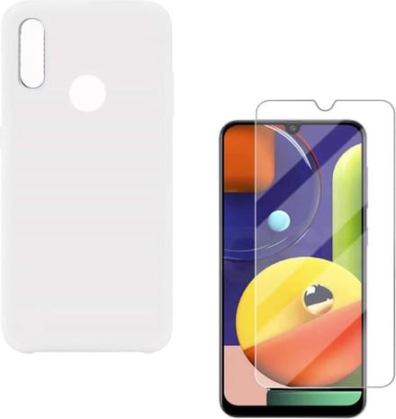 Solid hoesje Geschikt voor: Samsung Galaxy A10S Soft Touch Liquid Silicone Flexible TPU Rubber - Wit  + 1X Screenprotector Tempered Glass
