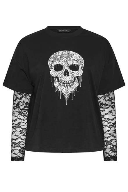 Limited Collection Zwart Tshirt Met Schedelprint En Kanten Mouwen Size 42