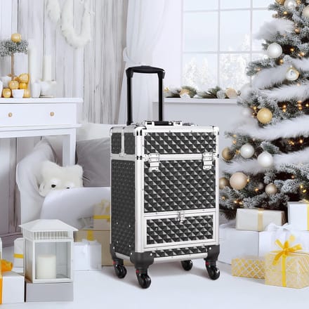 Make-uptrolley, aluminium cosmeticakoffer, trolley, multifunctionele koffer, pilotentrolley, make-upkoffer, beautycase, zwart HMTM-MC-30007