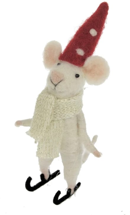 Muis met schaatjes en rode muts vilt 7x8x14,5cm