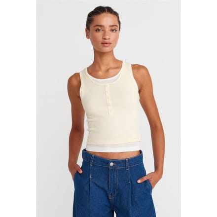 Katoenen Geribbelde Mouwloze Knop Blouse