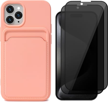 Hoesje Pasjeshouder geschikt voor iPhone 15 Pro Max - 2x Privacy Screenprotector FullGuard - Siliconen Case Back Cover Roze & Screen Protector