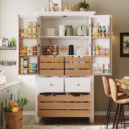 Sweiko Keukenkast - Dubbele deuren - 5 laden - Dressoir - Snackkast - Wit + Natuurlijke