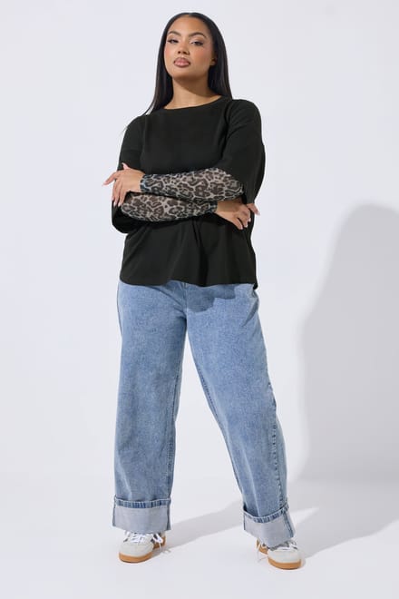 Limited Collection Zwart 2In1 Tshirt Met Luipaardprint En Mesh Mouwen Size 46
