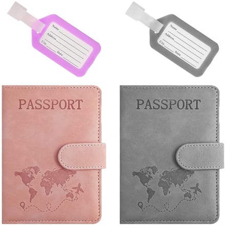 Dailygoods- Paspoorthouder Set - 2 Stuks - Document Tas - Bagagelabels - Draagbare Documenten Organizer - Roze/Grijs - Geschikt Voor Reizen - Documenthouder