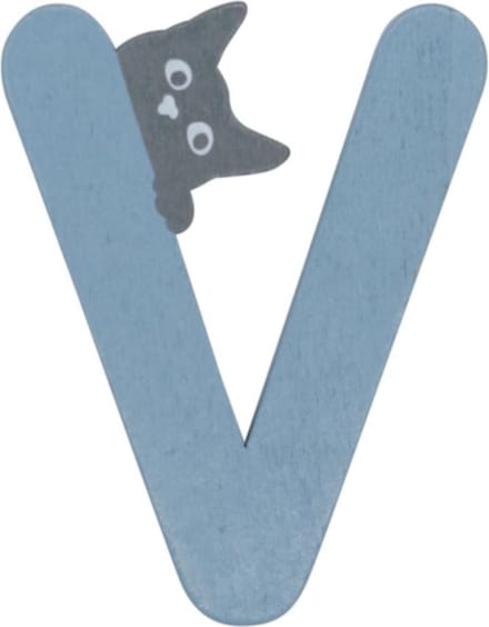 Houten Letter V Blauw met Kat | 9 cm