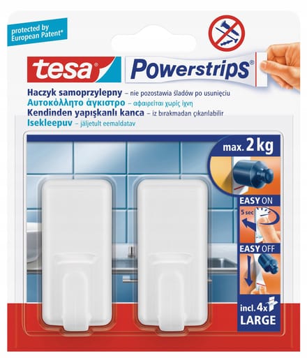 Tesa POWERSTRIPS Serie - Zelfklevende Haken - 2 stuks - Wit - 2 kg Draagkracht