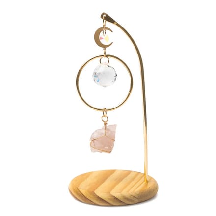 Regenboogkristal suncatcher op houten voet met maan met rozenkwarts