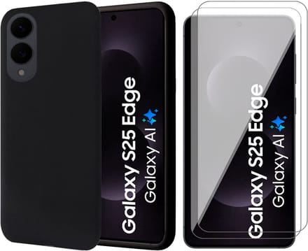 Hoesje geschikt voor Samsung Galaxy S25 Edge - 2x Screenprotector Glas - Mat Back Case Zwart