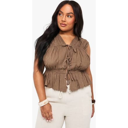 boohoo Dames Plus Tie Front Peplum Linnen Gestreept | Kaki | Maat: 54