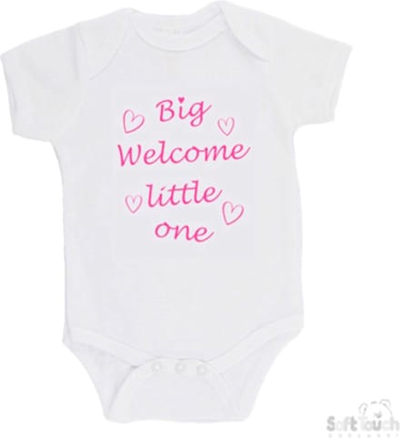 100@ katoenen Romper Big welcome little one Katoen Wit/roze Maat 56/62