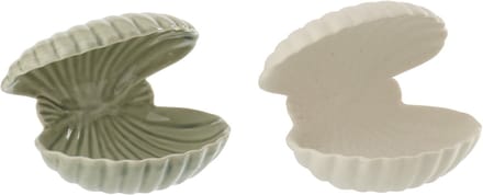 J-Line decoratie Schelp Open - keramiek - wit/olijfgroen - 2 stuks