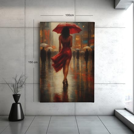 Canvas Schilderij – Romantische Stadsscène – Vrouw met Rode Paraplu – 90x60x2 cm