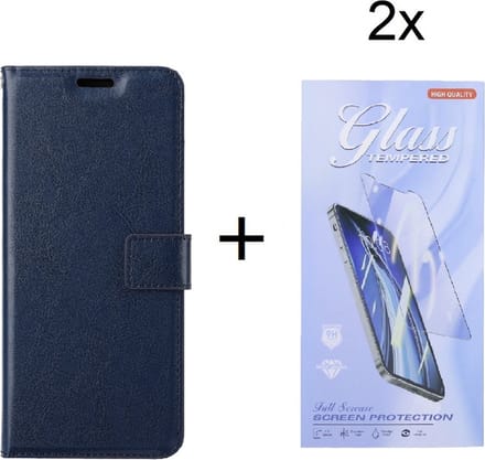 Bookcase Geschikt voor: iPhone 13 Pro - Donkerblauw - portemonee hoesje met 2 stuk Glas Screen protector