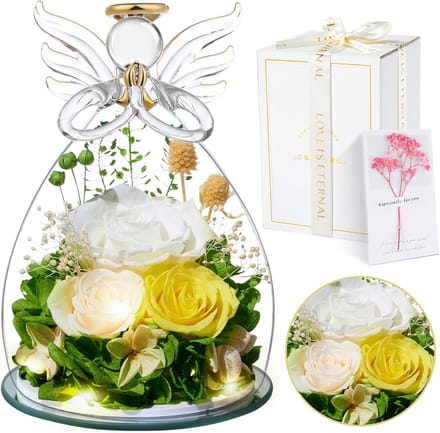 Eeuwige Roos - Geconserveerde Bloem - Cadeau Vrouw - Met Glazen Engel - 14x14x19 cm - Wit