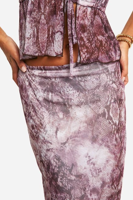 boohoo Dames Midaxi-rok met slangenprint van mesh, lage taille | Violet | Maat: 36