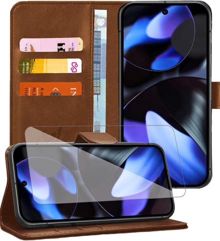 Hoesje geschikt voor Google Pixel 9a - Screenprotector Glas - Portemonnee Book Case Bruin