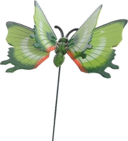 Decoris tuin deco vlinder op stok - groen - metaal - 17 x 60 cm - dieren decoraties - bewegend