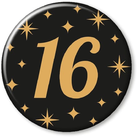 BTH - Buttons - 16 Jaar - Goud-Zwart - Badge - Speld - Verjaardag - Decoratie - Versiering - Sweet 16 Versiering - Button