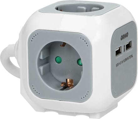PowerCube Stekkerdoos - Verdeelstekker met 2x USB A - Stekkerblok 6-voudig - Verdeeldoos Met houder - 1.4 meter kabel - Wit/Grijs