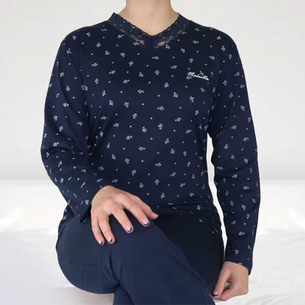 Medaillon Dames Pyjama - Bloemetjes - Katoen - Donker Blauw - Maat M