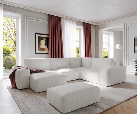 Woonlandschap Lanzo bouclé crème-wit 300x210 cm met variabele recamière en hocker