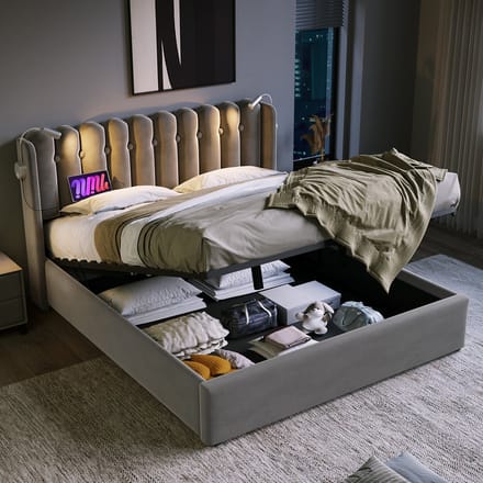 MODFU Bedframe 140x200 cm – Grijs fluweel met leeslamp & USB – Hydraulisch