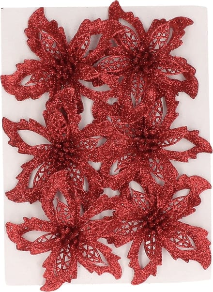 Cosy & Trendy Kerstboom bloemen op clip - 6x st - rood -glitter - 8 cm - polyester - roos