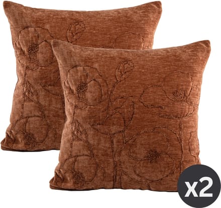 Tiseco - Kussen (gevuld) JULOT - Geborduurde bloemen - 45x45 cm, Cognac
