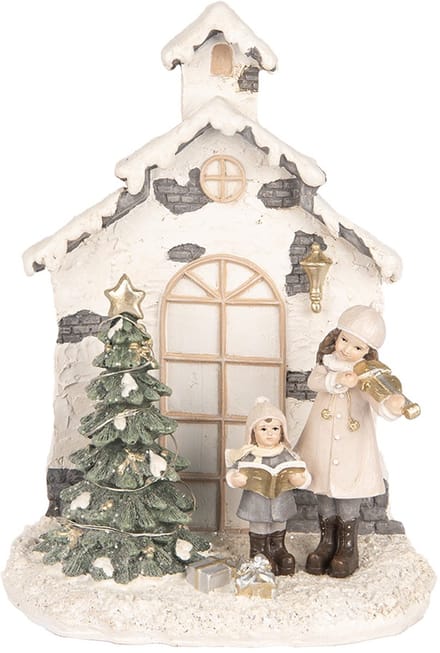 Clayre & Eef Kerstdecoratie met LED-verlichting Huis 16x9x21 cm Beige Kunststof