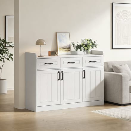 MODFU Dressoir - 3 Laden En 3 Deuren - Verstelbare Planken - Retro - Woonkamer - Spaanplaat - Wit - 120 X 35 X 80 Cm